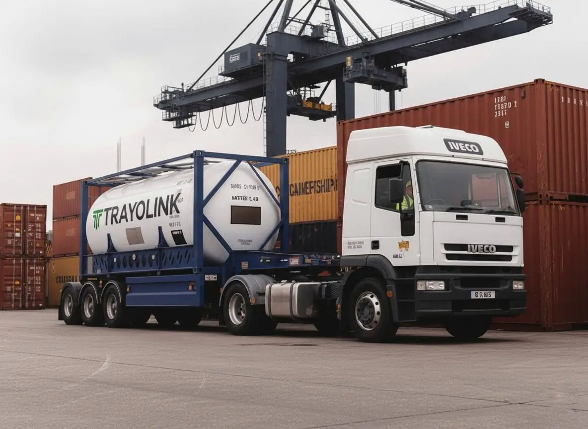 Trayolink branded tanker truck parked at a shipping container yard. The truck is attached to a large white tank labeled Trayolink and Matees L49. The driver is visible in the cab wearing a safety vest. Surrounding the truck are stacked orange and yellow shipping containers and a large industrial crane. The scene conveys a sense of professionalism and logistical efficiency.
